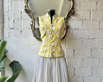 Vestido vintage de Jack Bryan, diseñado por Dupuis, amarillo y blanco, finales de los años 60