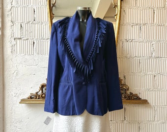Vintage late 1980s Jean Paul Gaultier Jean Paul Gaultier shawl collar blazer in purple blue silk with fringe details