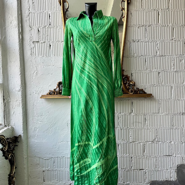 70s Roberta di Camerino green maxi cotton dress with trompe-l’oeil motif