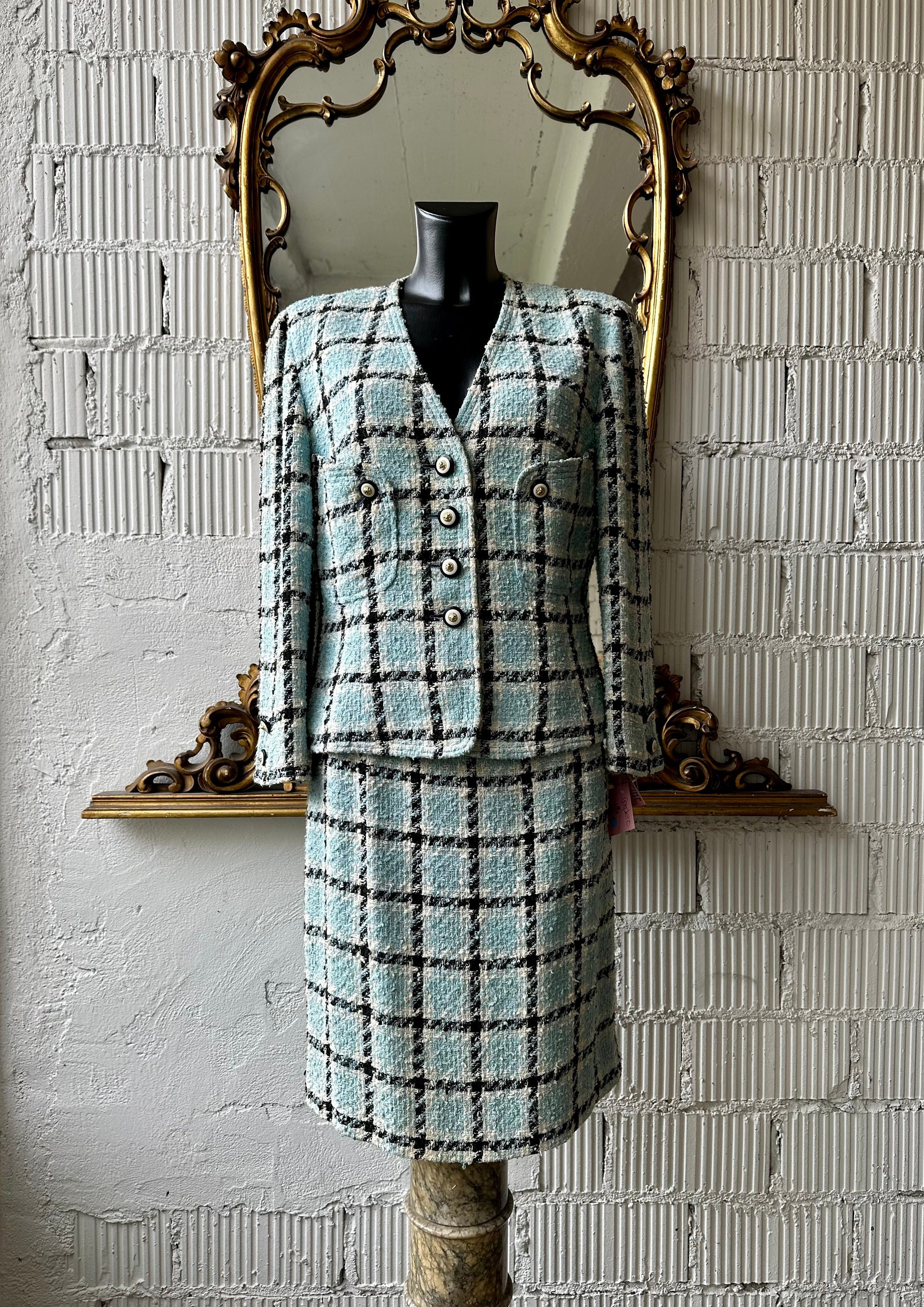 Vintage Chanel Suit Set Plaid Wool Jacket and Matching Skirt FR38