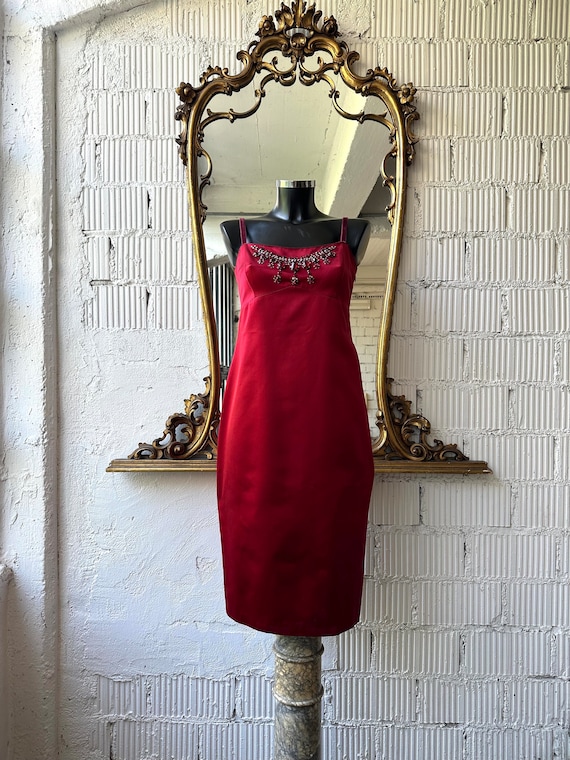 2000s blumarine dress Vintage Blumarine 2000s / Y2k Ruby Red Spaghetti Strap Silk Dress With  Silver Rhinestones Neckline Detail