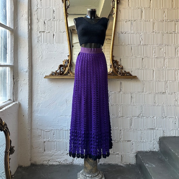 Vintage 1970s vibrant purple hand knitted maxi crochet skirt
