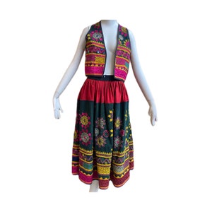 RARE 1960s Vintage North African two piece Skirt Set / Hand Embroidered vest and Midi skirt /