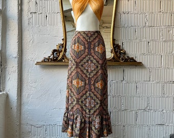 Vintage 1970s brown and orange patchwork print midi skirt