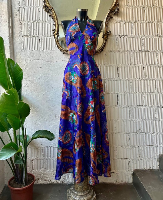 Vintage 1970s maxi halterneck purple dress / long… - image 1