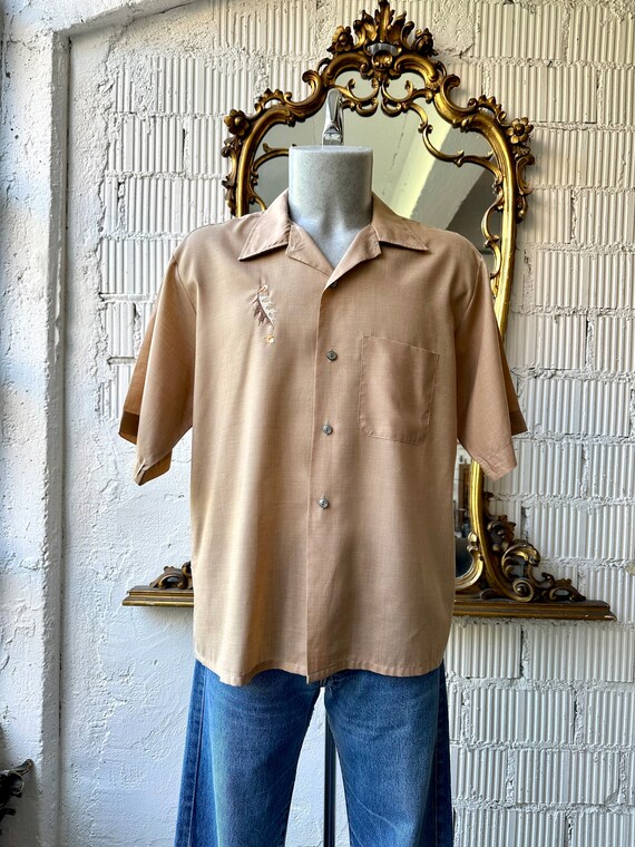 Vintage 1960s Men's Sand Brown Short-sleeve Shirt With Embroidered Detail