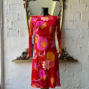 Vibrant Late 60s Ken Scott for Falconetto red printed dress