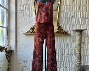 Vintage 1990s tie-dye sheer red/brown lace two piece set, top and flared pants set /