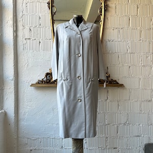 Vintage 1960s lightweight grey gabardine wool maxi coat with bow details