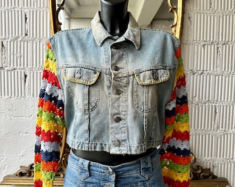 ア*リ様 90s vintage  jeans レザー ジャケット レ 90s Replay Cropped Denim Jacket With Rainbow Crochet Sleeves - Etsy