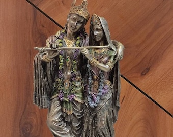 Radha Krishna Statue: Bronze Finish Divine Couple Idol (11")