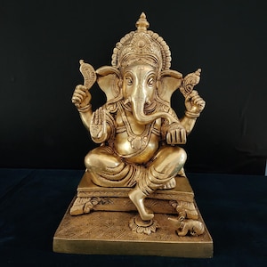 Brass Ganesha Statue: 12-inch Hindu God of Wisdom Home Decor