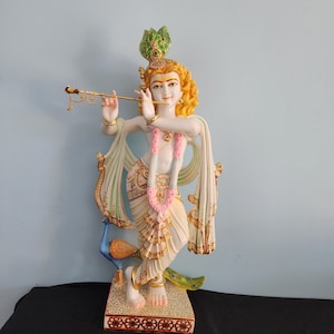 Hand-Painted Marble Krishna Statue - 24 Inch Standing Murliwala Idol