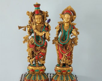 真鍮製のラーダー・クリシュナ神像 | ラーダーを抱くクリシュナ神像 21