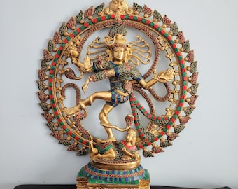 20 "Tanzende Shiva Natraj Messing Statue mit Edelstein Inlay