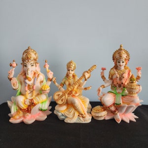 Laxmi Ganesh Saraswati Statue - Hindu God Family Idol, 7 Inch