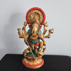 Brass Ganesha Statue: Lion Idol, Good Luck God (12 inch)