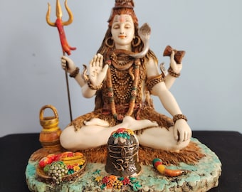 Meditating Shiva Statue: Culture Marble Shiv Shankar with Trident, 9 inch
