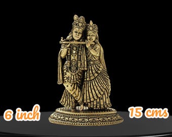 Brass Radha Krishna Statue: 6" Divine Couple Idol