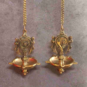 Brass Hanging Diya | Oil Burner Lamp | Vishnu Chakra N Conch Hanging Diya | Diwali Decorative Deepak | Gift For Home N Temple |Set Of 2 Diya