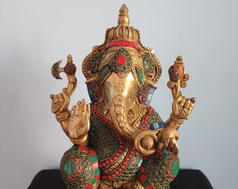 Brass Ganesha Statue: 14" Ganpati Idol with Stone Inlay