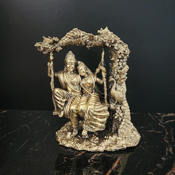Radha Krishna Brass Statue: 6-inch God of Love on Swing