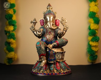 Estatua de Ganesha de latón: ídolo hindú, decoración del hogar (37 cm)