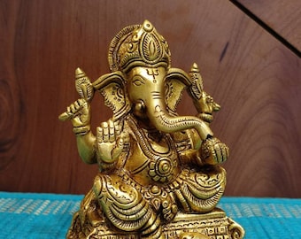 Brass Lord Ganesh Statue, Hindu Elephant God Idol, 5 inch
