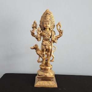 Brass Bhairav Statue - 11.5" inch Standing Lord Kala Bhairava with Dog vehicle (Vahana) for Your outdoor Decor - Helps to Overseas disease
