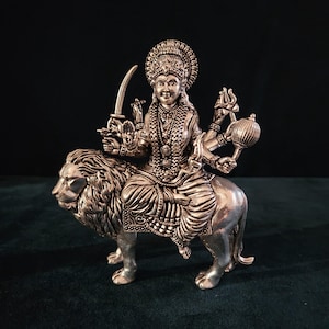 Silver Finished Durga Statue: 6&quot; Brass Shakti Idol