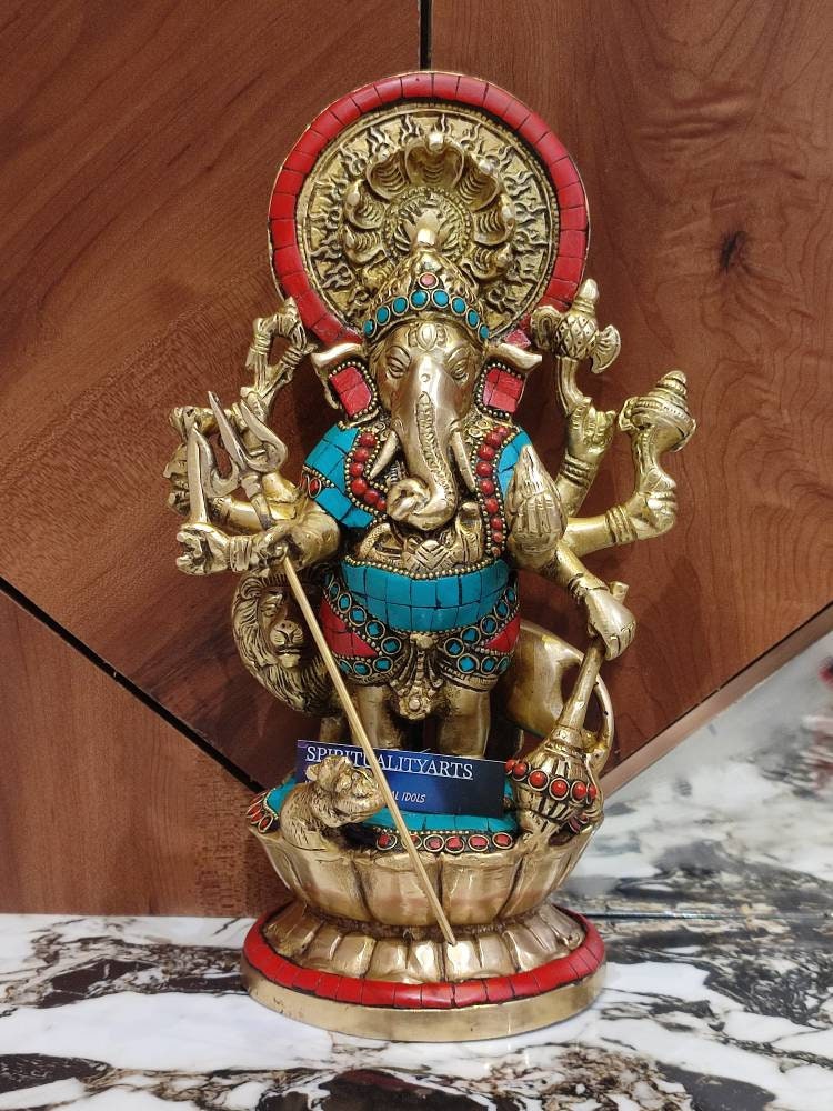 Brass Sri Shubh Drishti Ganesha Statue, 9" Inch Shubha Drishti Ganapati Idol in Brass