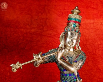 Flute Krishna Statue: 23" Brass Idol for Home Decor