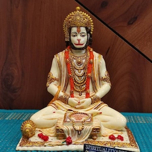 Hanuman Statue - Lord Hanuman Statue For Altar Decor in Marble Finish Bajrangbali Ram Bhakt / 8.1&quot; inches sitting Hanuman / Hindu god