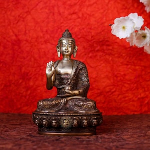 8 Inch Brass Buddha Statue: Antique Cooper Finish, Tibetan Idol