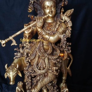 Large Cow Krishna Statue: Flute Playing God Idol (28 inch)