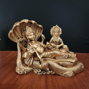 Brass Vishnu Lakshmi Statue: Sheshnaaga Laxmi Narayana Swami, 7&quot;