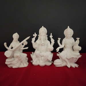 Laxmi Ganesh Saraswati Statue: 7&quot; White Hindu Goddess Family Idol