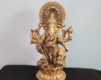Brass Ganesha Statue: 9" Ganapathy Idol on Lion