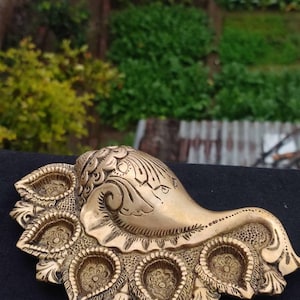 Brass conch diya - 8 inch width Oil burner for home / office / hotel / temple decor idea - auspicious diya decor, traditional diya lamp