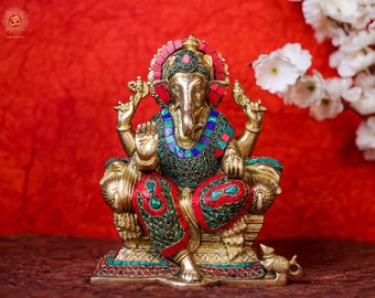 Stone Work Brass Ganesha Statue - Hindu Elephant God Idol (25cm)