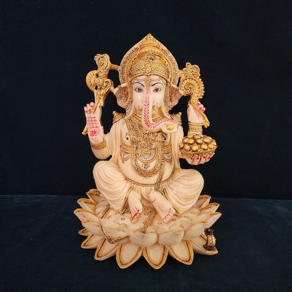 Estatua de Ganesha sentado de 30 cm: ídolo de mármol cultural pintado a mano