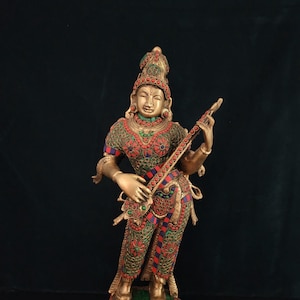 Brass Saraswati Idol | 53 Cm | Veena Saraswati | Goddess of Knowledge | Savitri Statue | Lord Brahma Wife | Goddess of Music