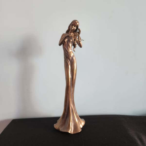 Musician Girl Statue - 14.5 inch Golden Finished Tykhe Roman Idols , Triangle Percussion Lady Statue, Greek Roman Lady Statue for Music Love