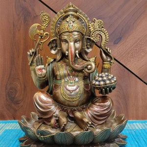 Sitting Ganesha Statue: 10&quot; Bronze Finish Idol for Altar Decor