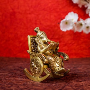 Relaxing Ganesha - 4.5 inch Brass Swing Rocking chair Ganesha with  reading book statue - God luck god Ganeshji for decor