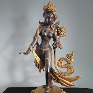 Standing Tara Statue: 16&quot; Black Brass Tibetan Buddhist Goddess Idol