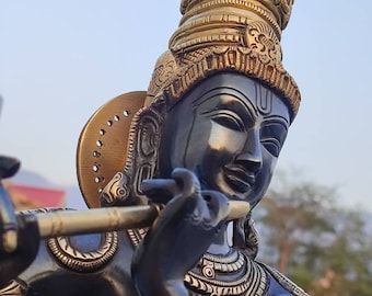 Brass Krishna Statue: 23" Flute Idol, Home Temple Decor