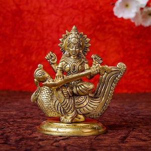 Saraswati statue - small Saraswati statue brass for decor hindu goddess statue  4.5&quot;inches veena Saraswati idols a goddess of knowledge
