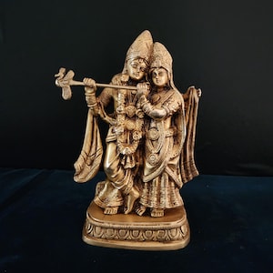 Brass Radha Krishna Statue: Divine Couple, God of Love (8 inch)