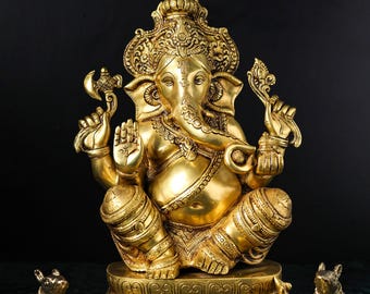Brass Ganesha Statue: 17" Lord Ganesha on Singhasana, Temple Decor